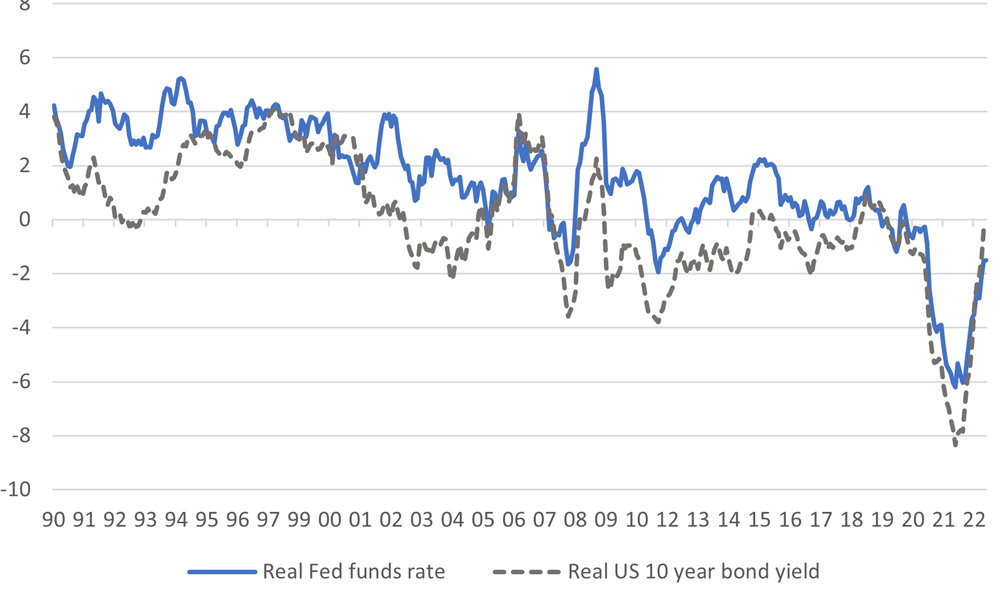 The real US 10-year government bond yield and the Fed funds rate