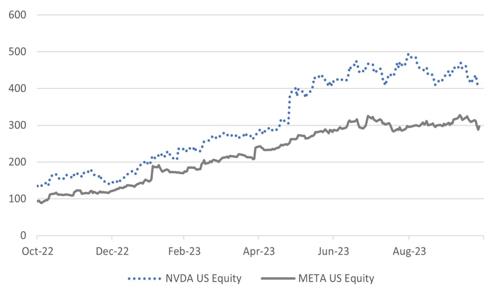  Recent stars of the index – NVIDIA and Meta – share prices have gone sidewards